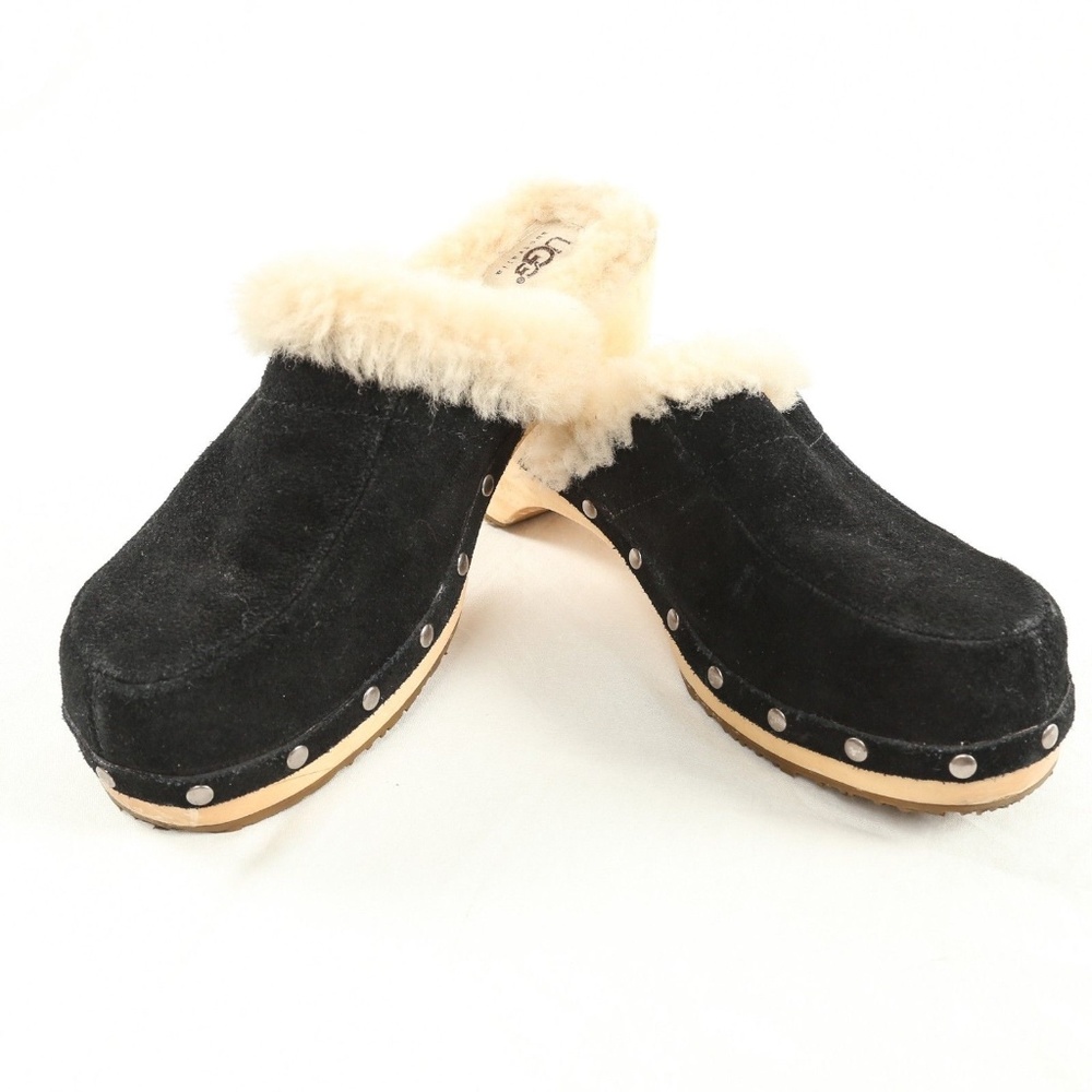 UGG Australia Kalie Black Suede Shearling Clogs - Picture 1 of 7
